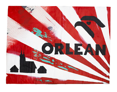 New Orlean 2020, używana pościel, lakier samochodowy, akryl, 130 x 98 cm